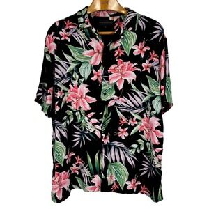 No Boundaries Hawaiian Shirt Mens XL Black Floral Rayon Camp Collar Tropical